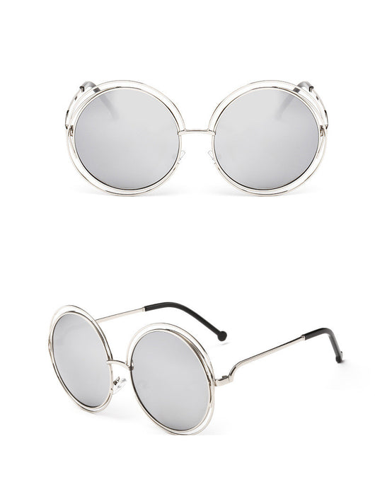 Round metal cutout sunglasses with silver mirrored lenses and a double-rimmed frame, shown from front and angled views. - Image 13