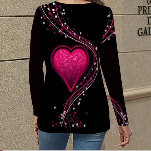 Blusa Casual de Manga Larga con Escote en V y Patrón de Corazones - Image 10