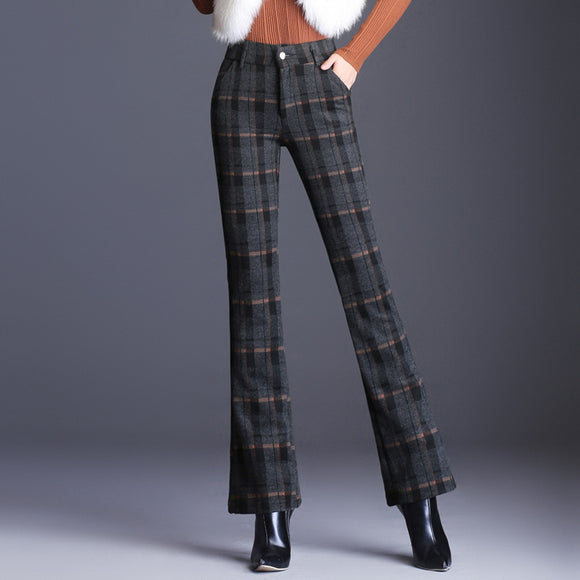 Pantalones Acampanados de Lana a Cuadros para Mujer