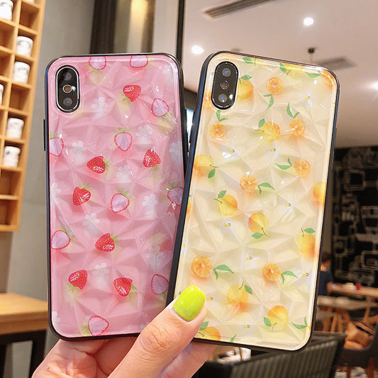 Funda para celular estilo joven con patrón de fresa y diamante naranja