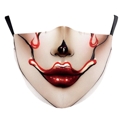 Black double-layer face mask with a repeating pattern of glowing white jack-o'-lantern faces and ear hooks. - Image 19
