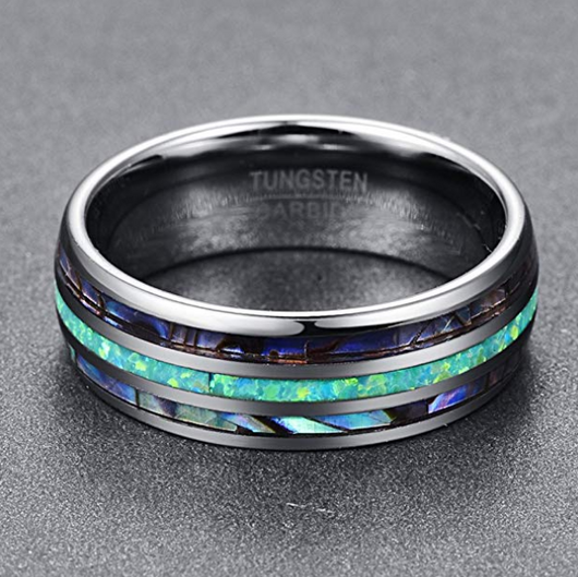 Anillo de Boda Tungsteno 8mm con Ópalo Sintético y Concha Abalone para Hombre y Mujer - Image 2