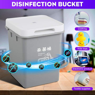 Gray UV sterilization box with an open lid, containing underwear, next to a stack of colorful folded garments. - Image 4