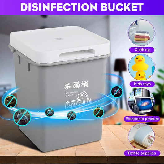 Gray UV sterilization box with an open lid, containing underwear, next to a stack of colorful folded garments. - Image 4