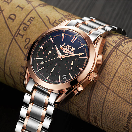 Reloj de Negocios Deportivo Acero Inoxidable Multifuncional con Calendario