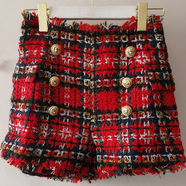 Shorts Tweed Cuadros Rojo y Negro con Botones