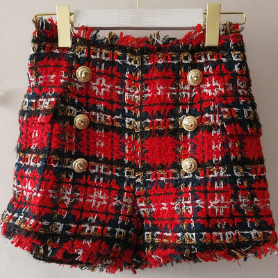 Shorts Tweed Cuadros Rojo y Negro con Botones