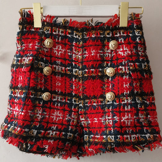 Shorts Tweed Cuadros Rojo y Negro con Botones