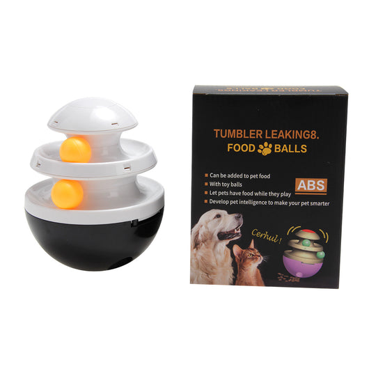 Orange and blue interactive pet food dispenser toy with multiple tiers and white balls, next to its black packaging. - Image 23