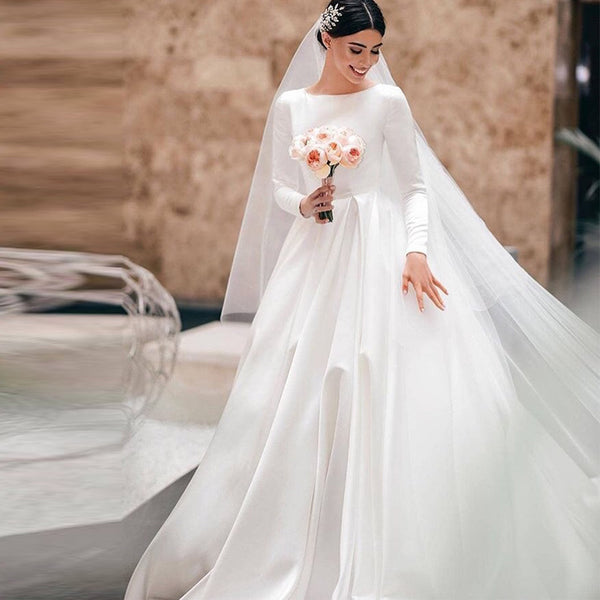 Vestido de Novia Off-Shoulder Manga Larga Satén Vintage Elegante - Image 6