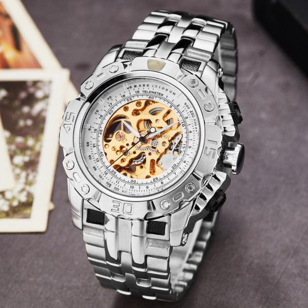 Reloj Mecánico de Acero Hueco con Pulsera de Acero Sólido
