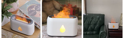 White aroma diffuser with a 3D flame effect and a gold water droplet icon, shown with a remote control. - Image 6