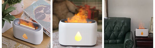 White aroma diffuser with a 3D flame effect and a gold water droplet icon, shown with a remote control. - Image 6