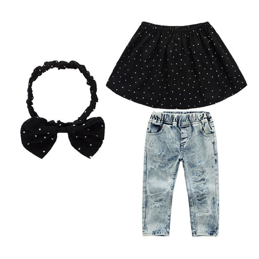 Conjunto Infantil 3 Piezas Niña: Top Hombro Descubierto Lunares + Jeans Rotos + Cinta - Image 5