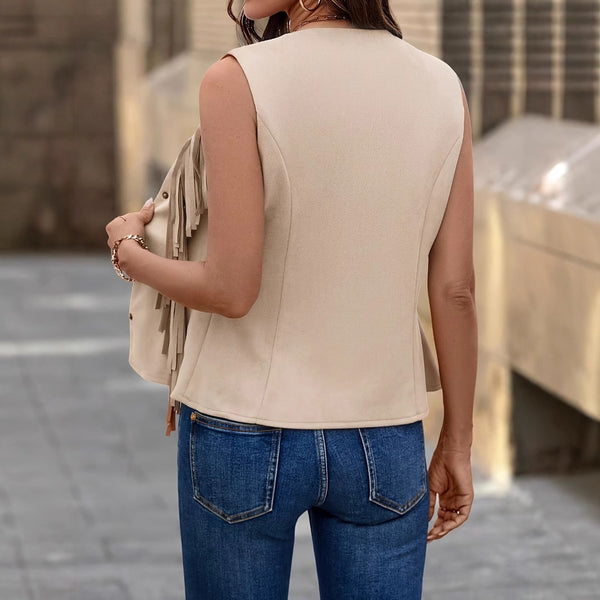 Chaleco de Gamuza para Mujer con Fleco y Color Sólido