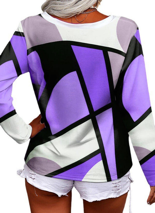 Blusa Suelta de Cuello V Manga Larga con Estampado Geométrico - Image 2