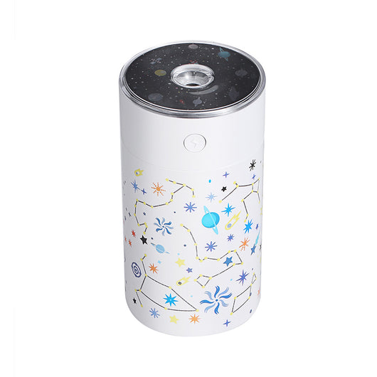 Dark green cylindrical humidifier with a clear top, featuring a colorful celestial pattern of stars, planets, and constellations. - Image 6
