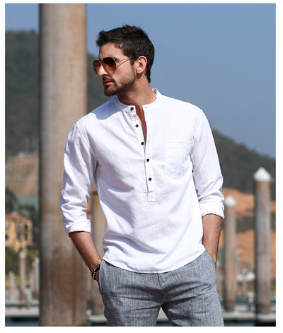 Camisa Casual de Lino y Algodón con Cuello Mao para Hombre - Image 7
