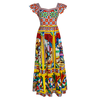 Vestido de Algodón con Estampado Guerrero de Mangas Volantes - Image 9