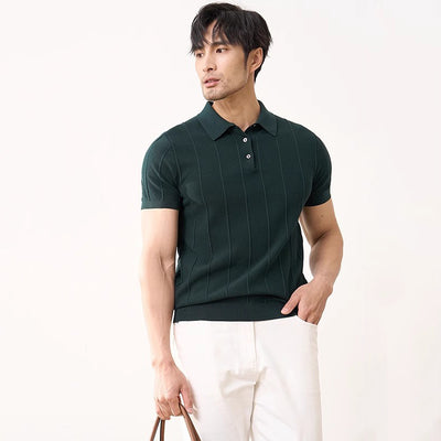Camisa Tejida Manga Corta Hombre Rayas Verticales Slim Fit Ejecutiva