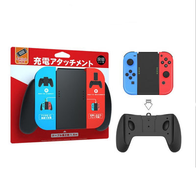 Black charging grip for Nintendo Switch Joy-Cons, shown in packaging and as a standalone unit, with blue and red controllers.