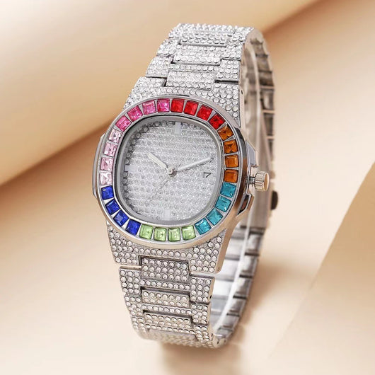 Reloj de Pulsera Cuadrado de Acero con Diamantes Incrustados y Calendario - Image 6
