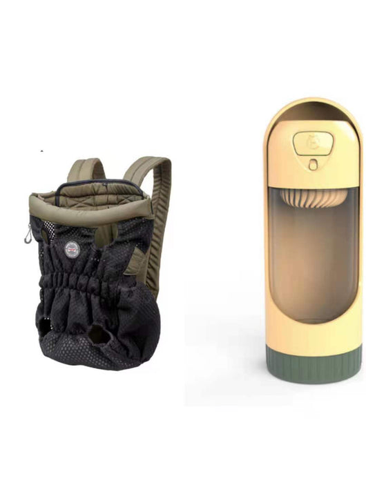 Navy blue mesh pet carrier backpack with leg holes and a light blue portable pet water bottle with a transparent reservoir. - Image 8