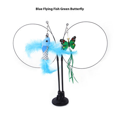 Cat sucker teaser toy with a blue butterfly, gray mouse, and light blue feathers on a black suction cup base. - Image 11