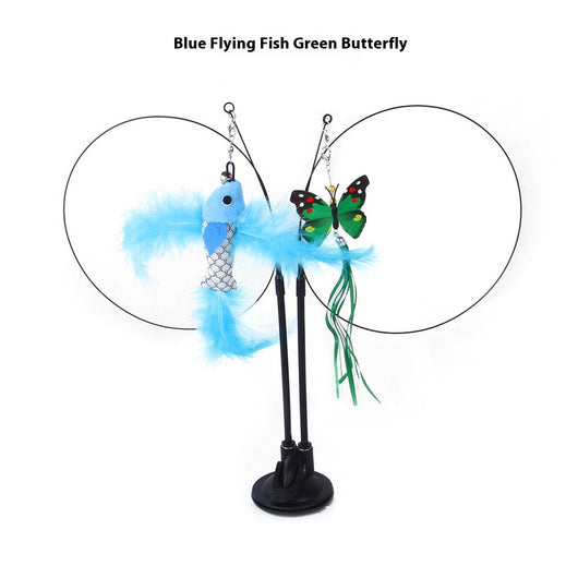 Cat sucker teaser toy with a blue butterfly, gray mouse, and light blue feathers on a black suction cup base. - Image 11