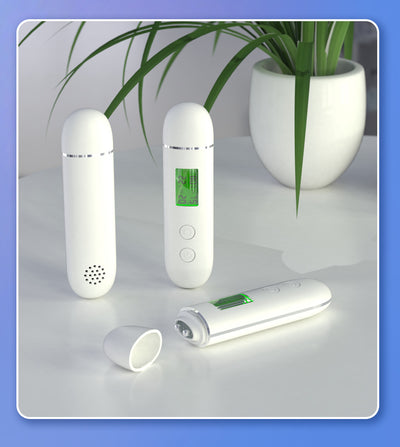 White rechargeable smart facial skin tester with green digital display, USB-C charging cable, and user manual. - Image 12