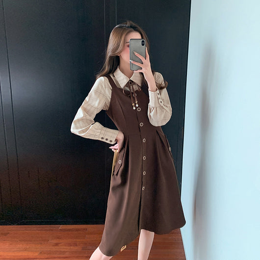 Conjunto de Dos Piezas: Vestido Camisero Cuadriculado Manga Larga Ajustado - Image 5