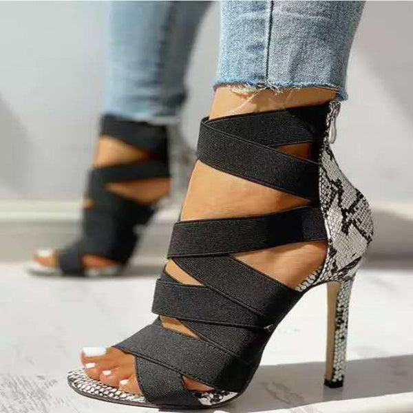 Sandalias de Tacón Fino con Tiras Cruzadas y Patrón Serpiente