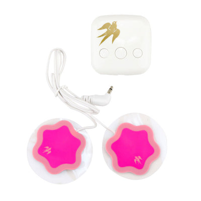 Red square TENS unit with gold bird logo, white cable, and two pink flower-shaped electrode pads for pain relief. - Image 6