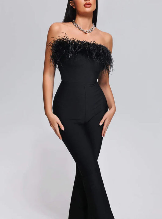 Jumpsuit Largo Elegante con Plumas y Moño Reductor - Image 11