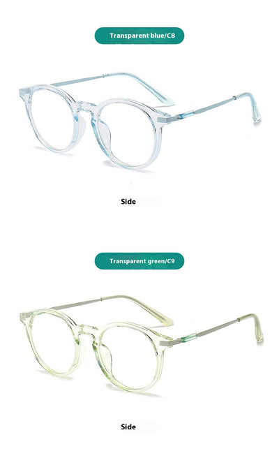 Dark purple round-frame anti-blue light reading glasses with silver-colored temples on a white background. - Image 12