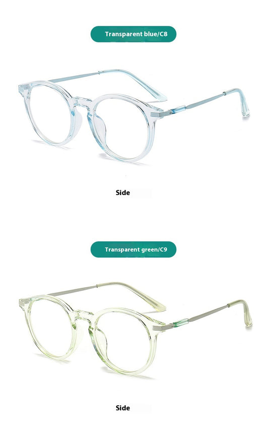 Dark purple round-frame anti-blue light reading glasses with silver-colored temples on a white background. - Image 12