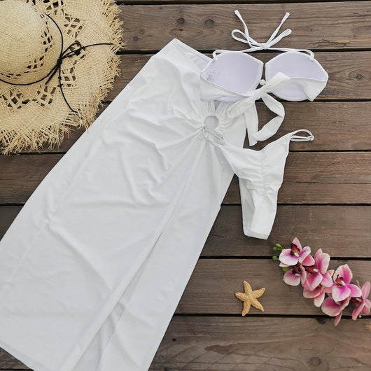 Traje de Baño Tres Piezas con Falda y Top Escotado Liso - Image 15