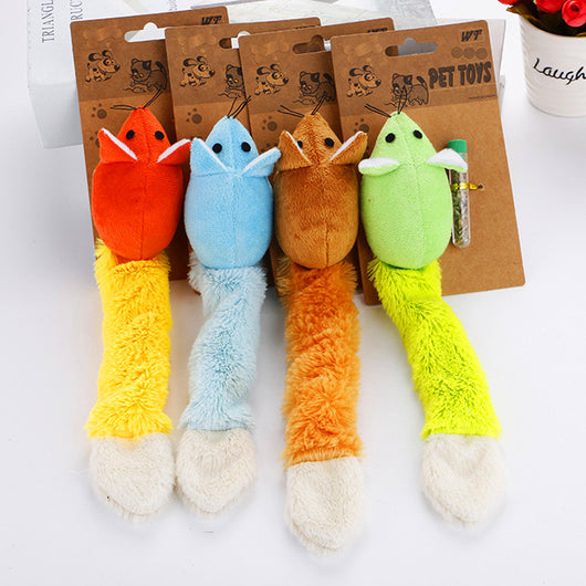 Light blue plush mouse cat toy with a long white and blue tail, packaged with a small tube of catnip. - Image 5