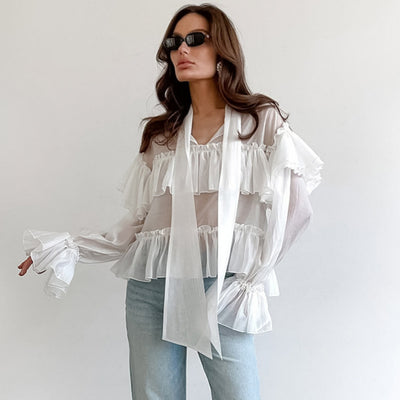 Blusa Elegante Estilo Francés con Cierre de Moño y Manga Larga - Image 3