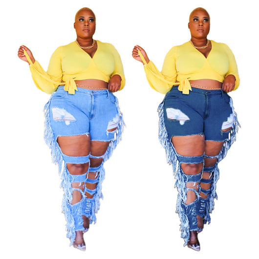 Pantalones Vaqueros Talle Grande con Rotos y Borlas Laterales - Diseño Ajustado Sexy y Moderno - Image 13