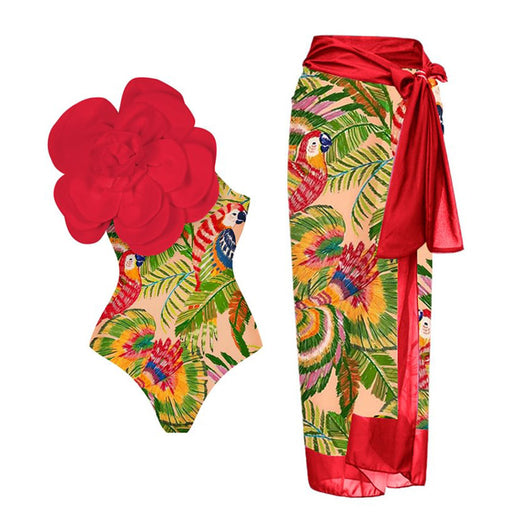 Black one-piece swimsuit with a large 3D flower on one shoulder and a geometric pattern on the bodice. - Image 9