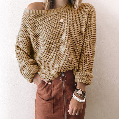 Suéter Tejido Suelto con Cuello Sesgado para Mujer - Otoño e Invierno - Image 15