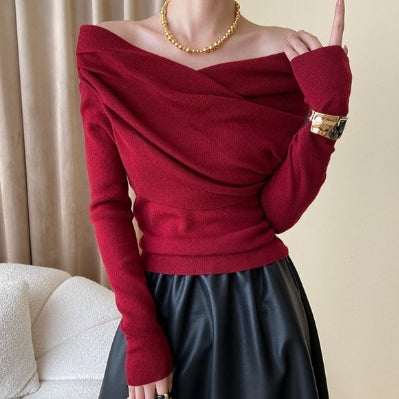 Blusa de Punto Asimétrica Estilo Francés con Hombros Descubiertos - Image 4