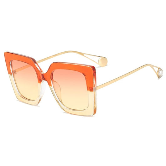 Women's black square frame sunglasses with blue gradient lenses and gold metal temples featuring a pearl accent. - Image 17