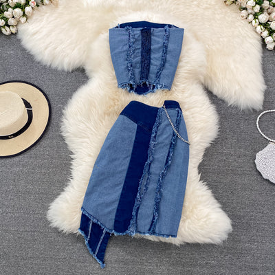 Conjunto Denim Tube Top con Falda Corta Irregular - Image 18