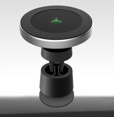Silver and black car magnetic wireless charger with a blue indicator light, mounted on a car's air vent. - Image 2