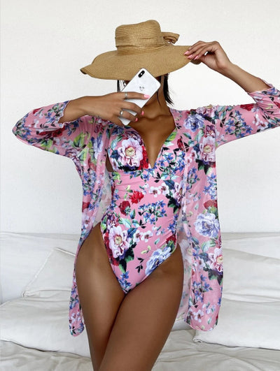 Traje de Baño Tres Piezas con Estampado Botánico Plisado - Image 5