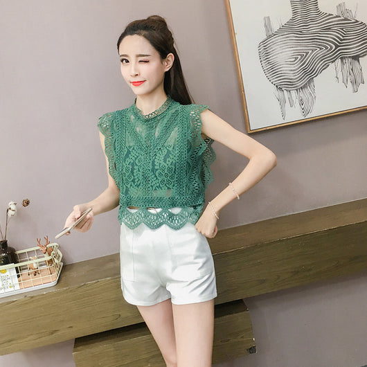 Blusa Crop Top de Encaje Transparente Cuello Redondo Sin Mangas - Image 11