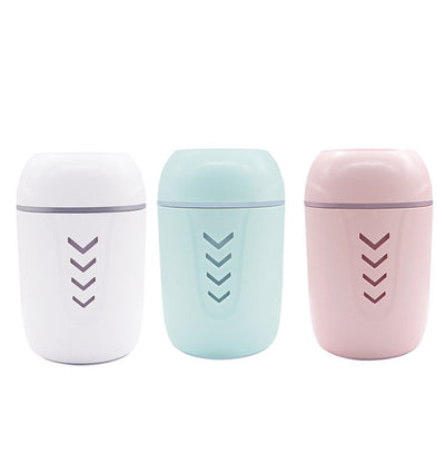 Light blue portable car humidifier with chevron pattern, white USB LED light, and white USB mini fan. - Image 3