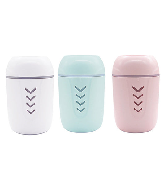 Light blue portable car humidifier with chevron pattern, white USB LED light, and white USB mini fan. - Image 3